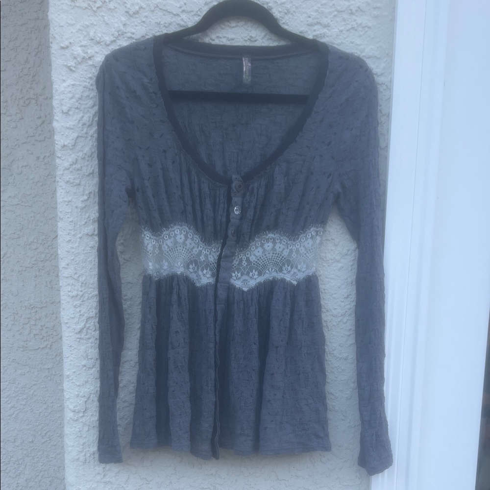 Free People Grey Button Down Lace Center Long Sleeve Blouse Women's Size XS